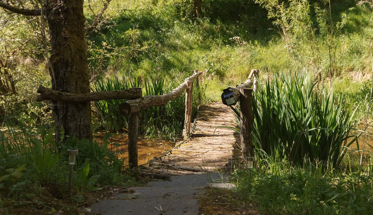 The handcrafted bridge adds so much charm and character to the outside space. 
