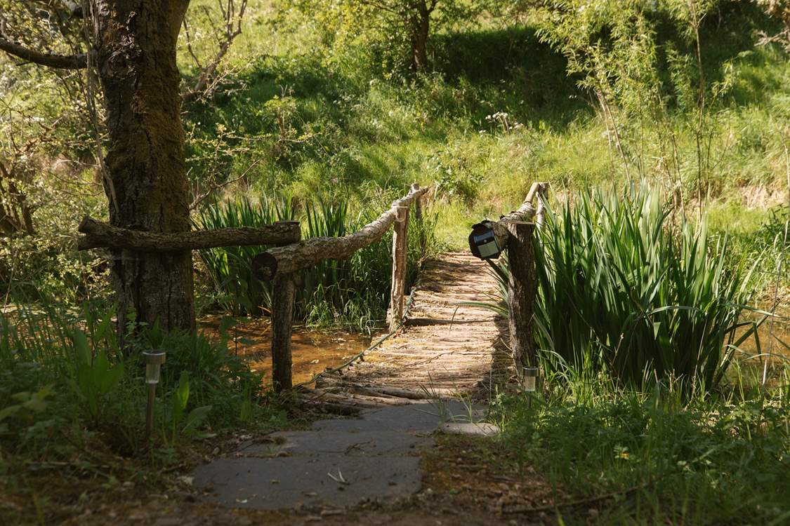 The handcrafted bridge adds so much charm and character to the outside space.
