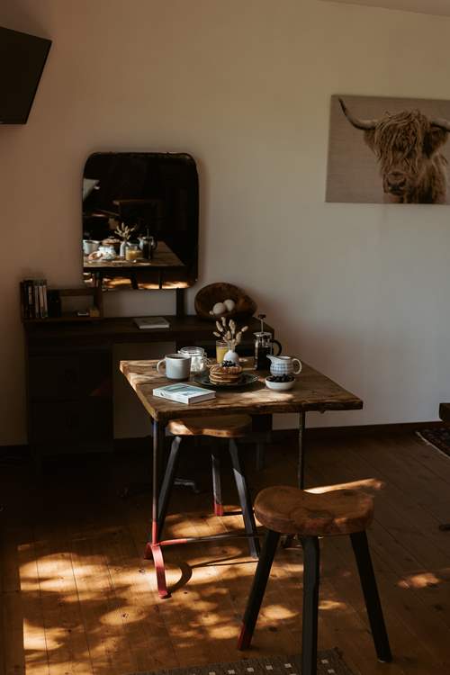 The dappled sunlight makes the space warm and inviting.