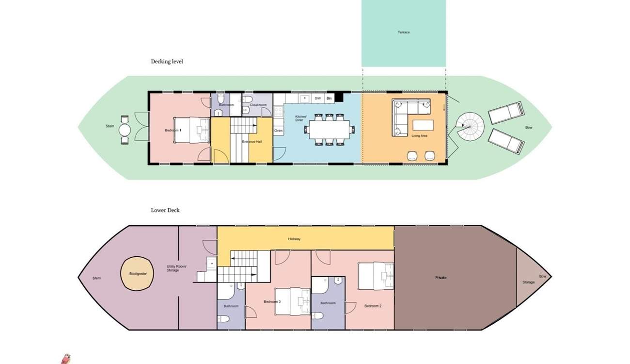 The floorplan onboard Newclose Houseboat.