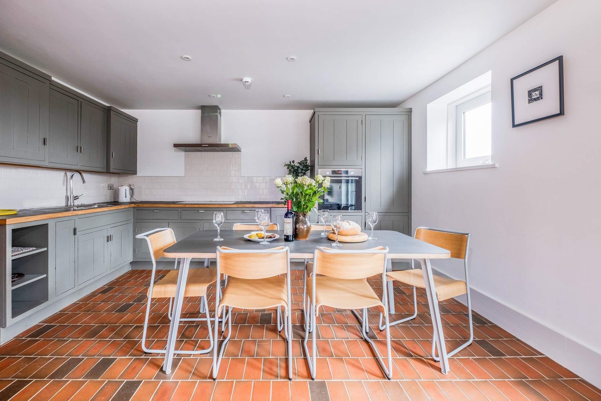 A spacious kitchen and dining area.
