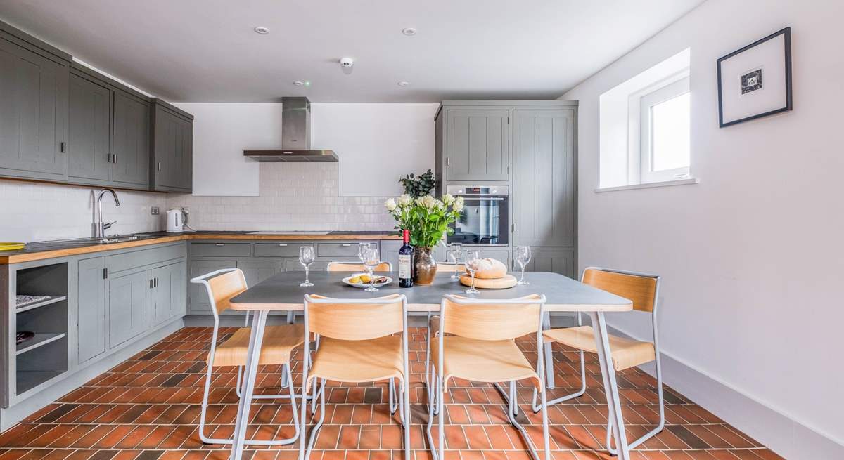 A spacious kitchen and dining area.