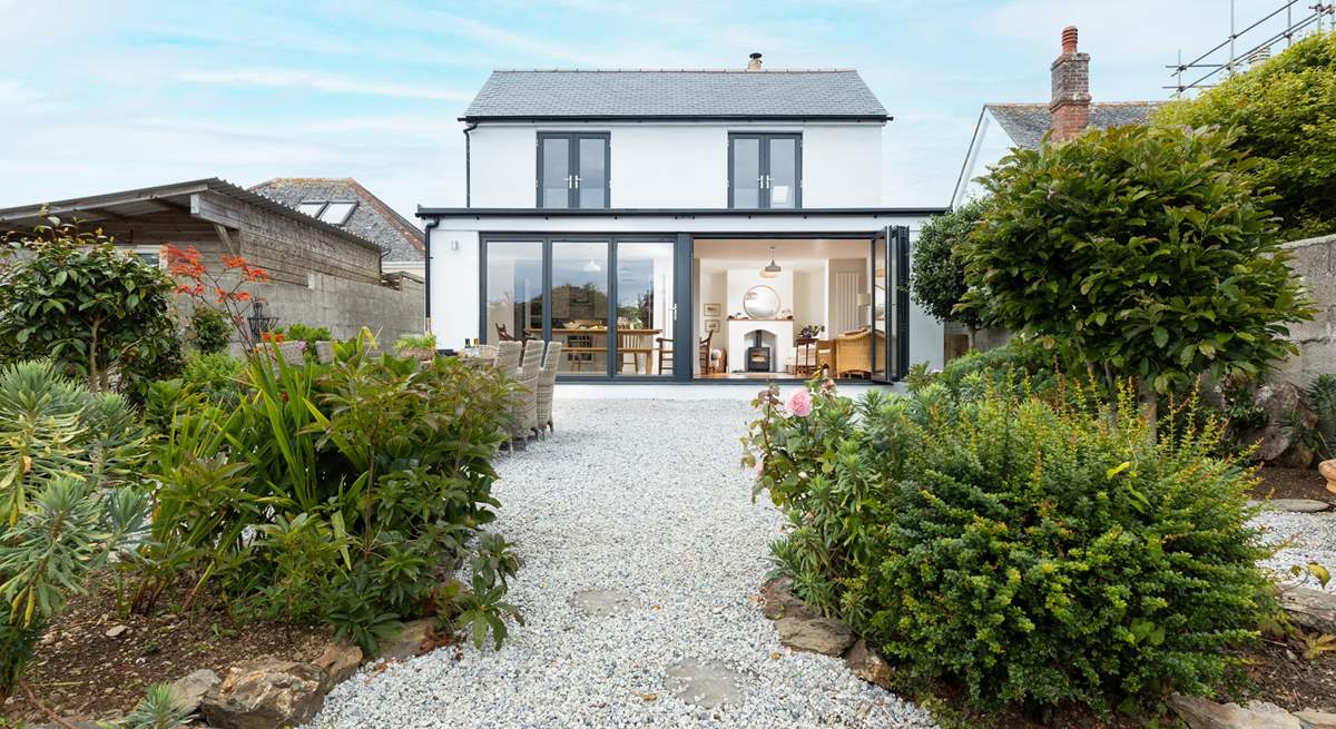 Looking back to the house across the landscaped garden.