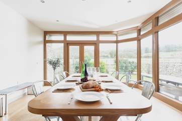 Beautiful views from the dining-area out across the fields beyond.