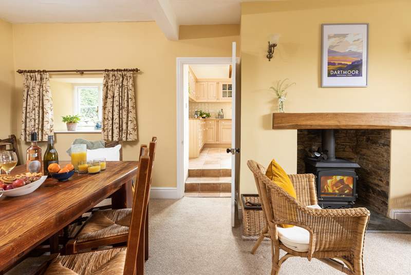 The dining-room has a warming wood-burner.
Please note the steps up to the kitchen