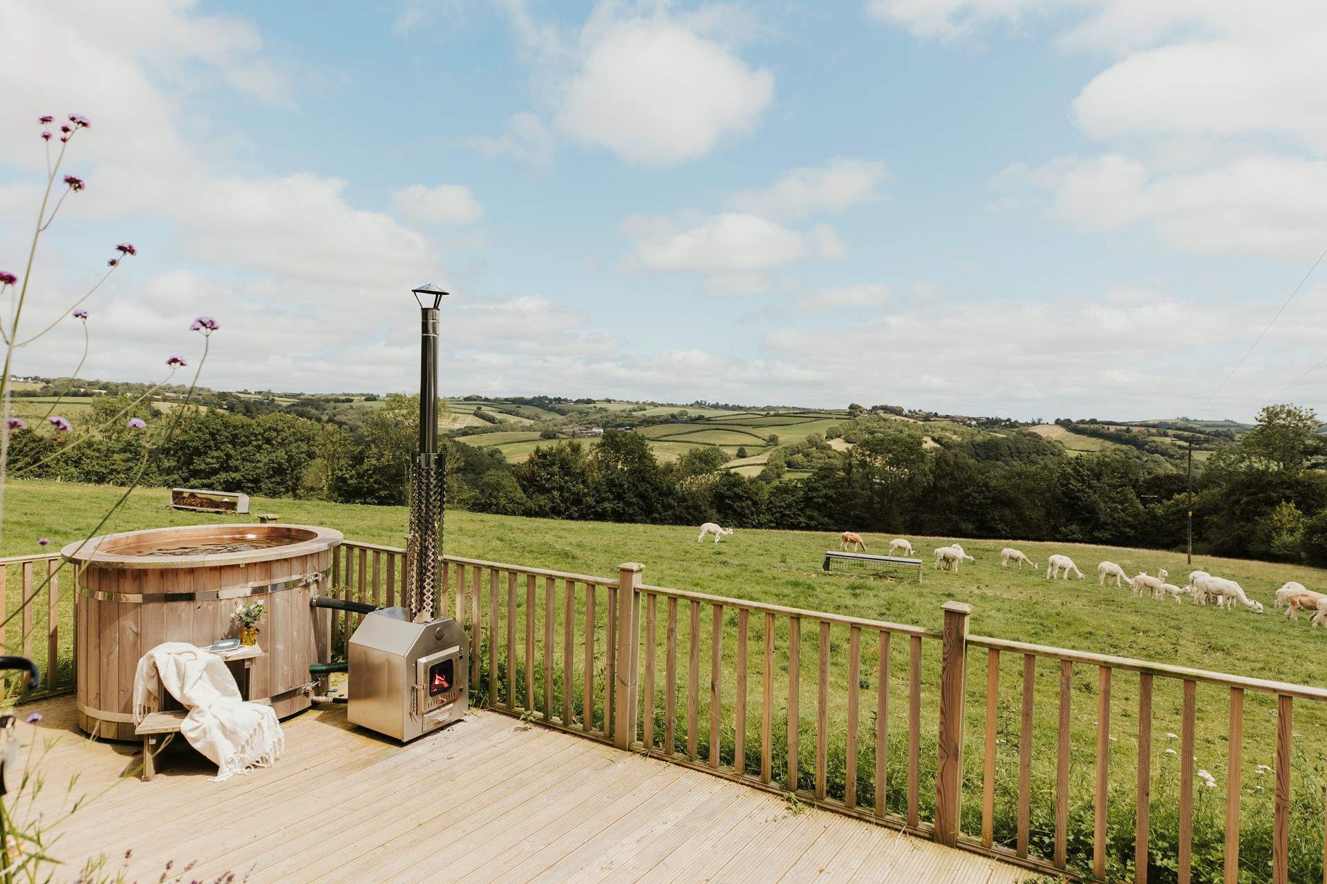 Sink into the hot tub and watch as the lovely alpacas quietly graze in the field beyond.