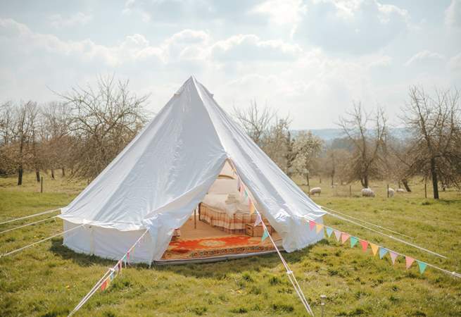 The beautiful bell tent pays respect to a traditional glamping style!