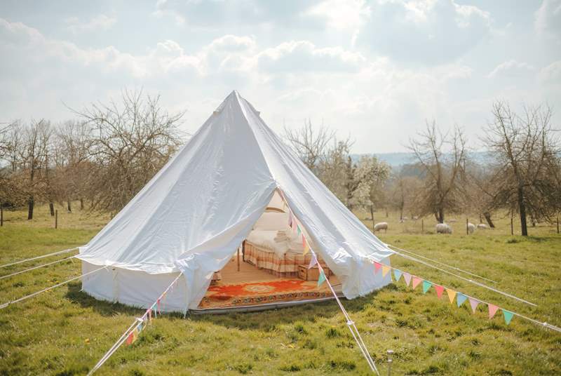 The beautiful bell tent pays respect to a traditional glamping style!