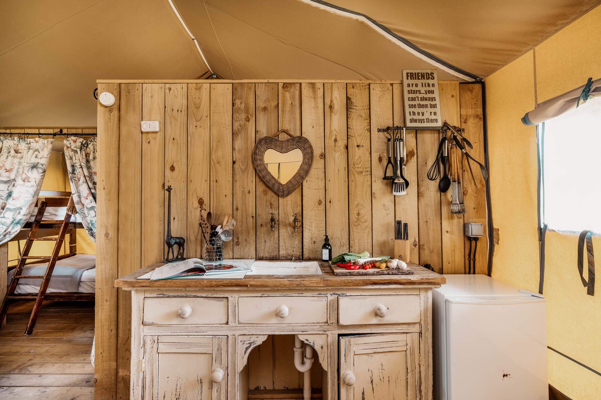 The kitchen area pays respect to a traditional style of glamping.