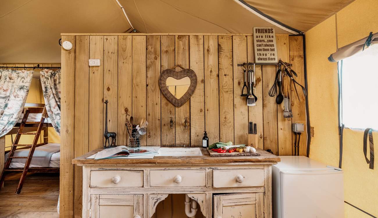 The kitchen area pays respect to a traditional style of glamping.