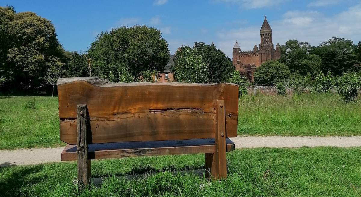 Sit and contemplate from the wooden bench Quarr Abbey in the distance.