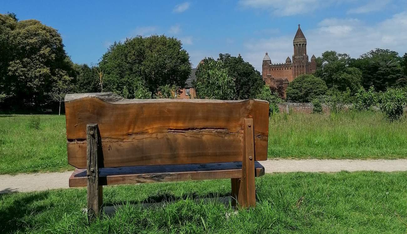 Sit and contemplate from the wooden bench Quarr Abbey in the distance.