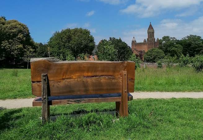 Sit and contemplate from the wooden bench Quarr Abbey in the distance.