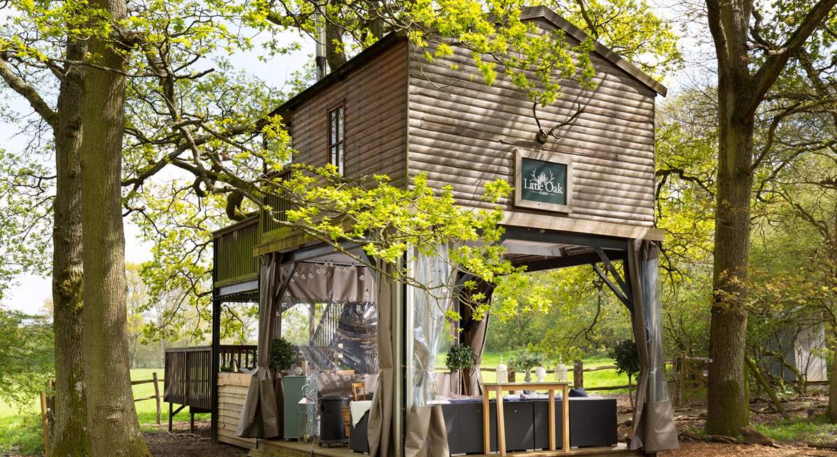 Directly under the treehouse, you will find your quirky living space. If the weather isn't so kind pull across the transparent canopy to keep cosy. 