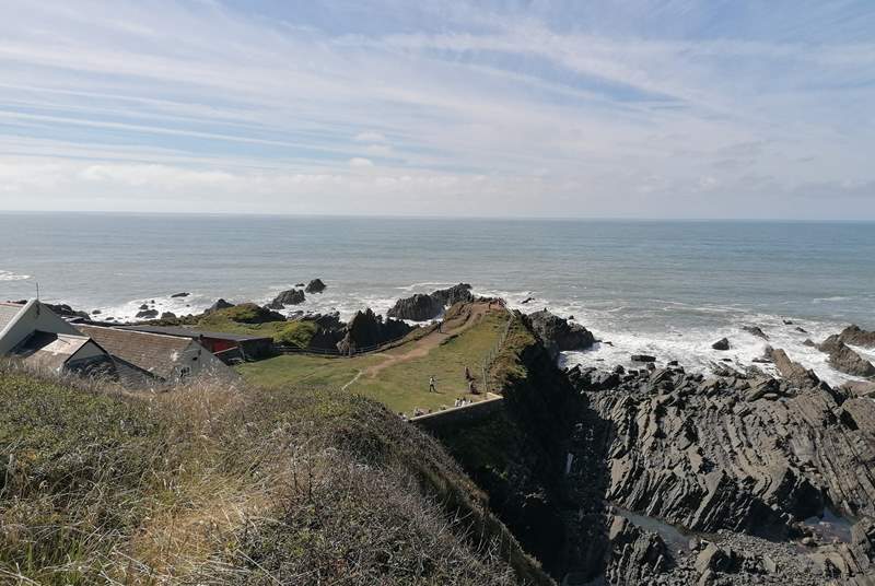 Take in the views from Hartland Quay and enjoy a drink from the pub.