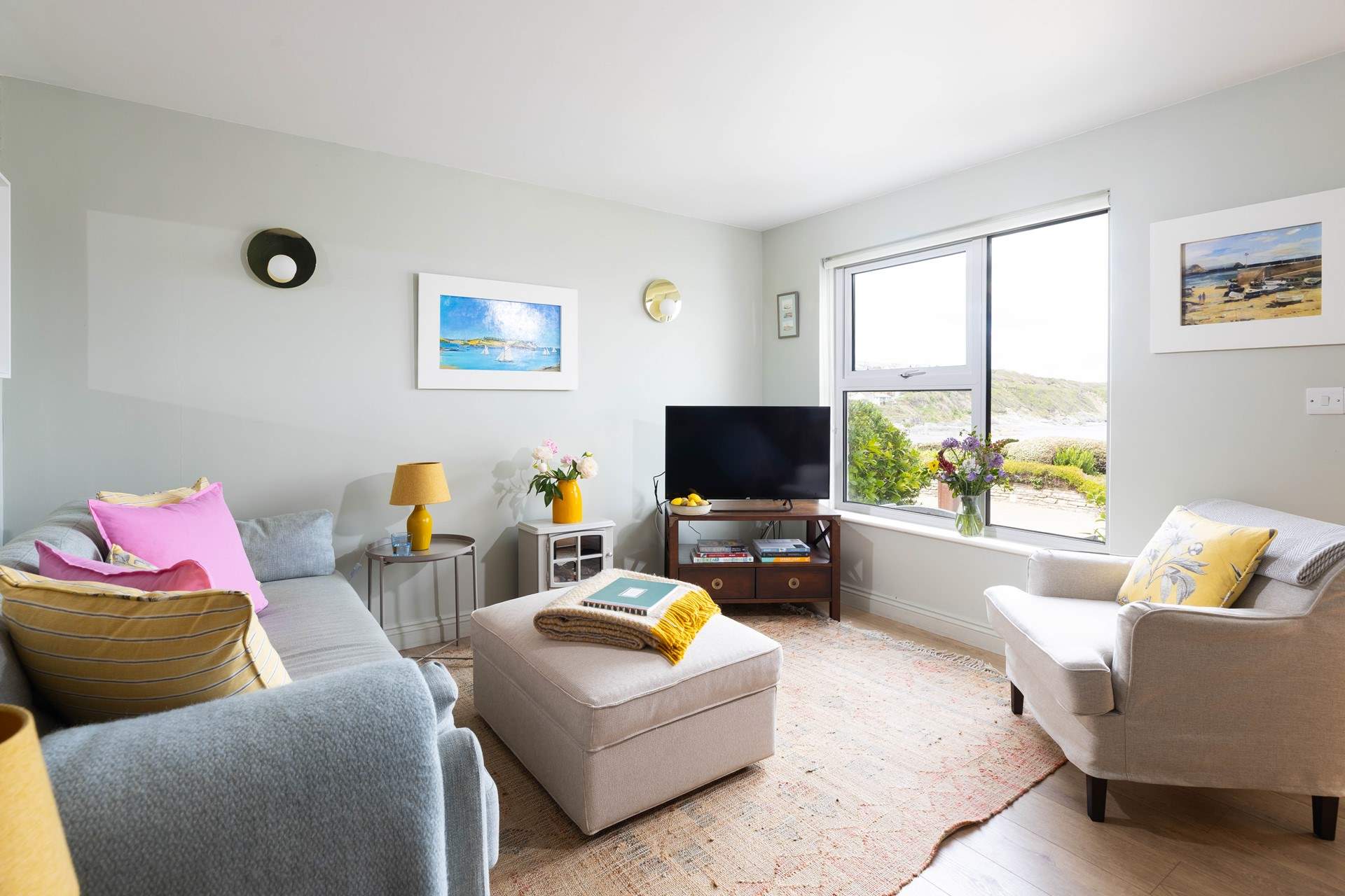 The gorgeous sitting-area has views towards Gerrans Bay and beyond. 