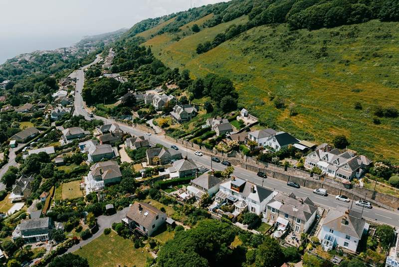 The view of Leeson Road leading to Bonchurch Village with the town of Ventnor in the far distance.