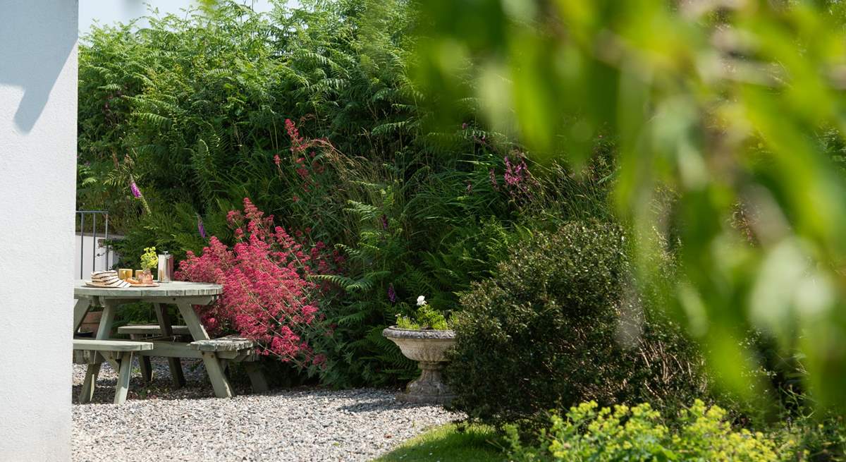 The sheltered area at the back of the garden is the perfect spot for morning coffee.