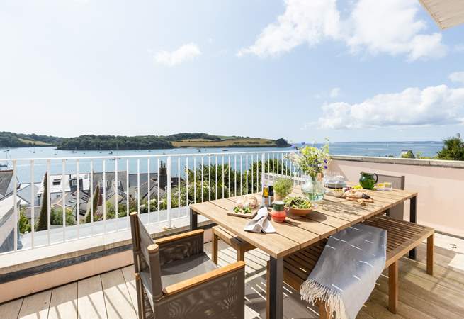 Rose Cottage has magical views from the terrace overlooking Falmouth Bay and beyond.