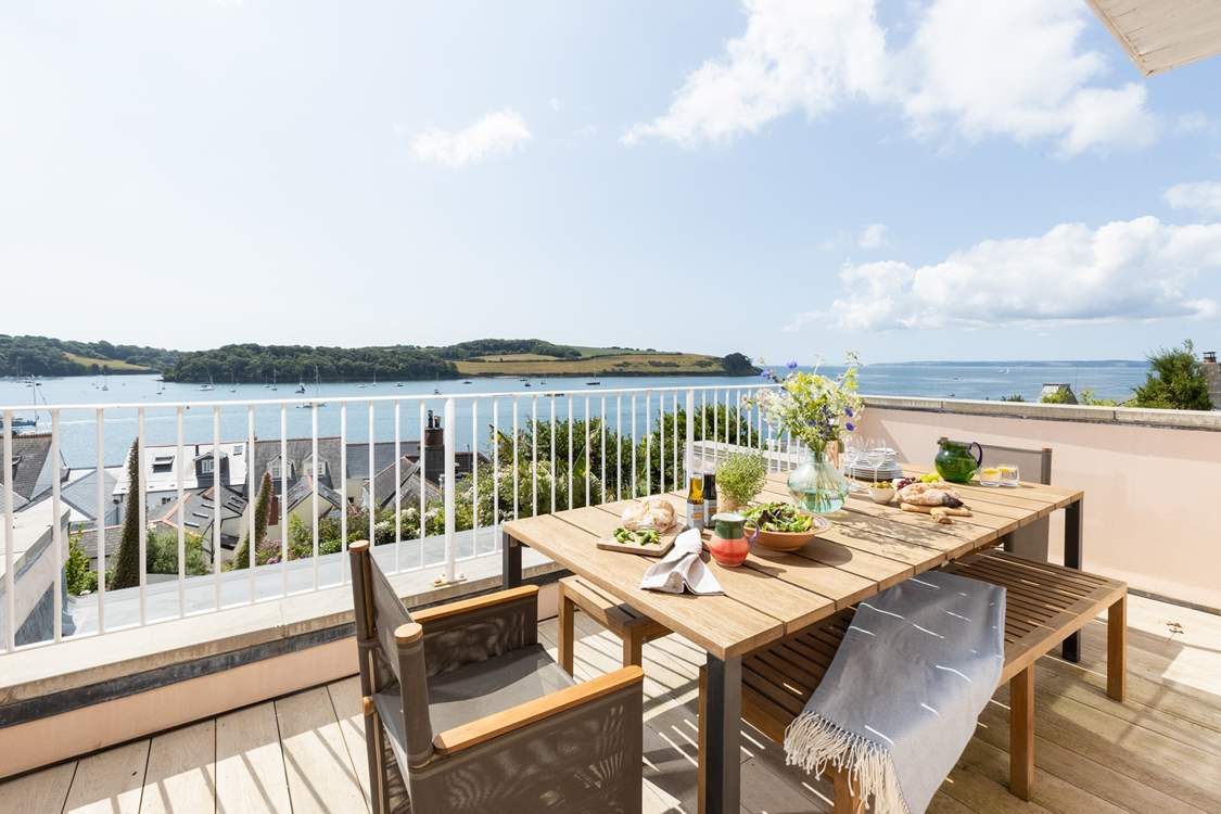 Rose Cottage has magical views from the terrace overlooking Falmouth Bay and beyond.