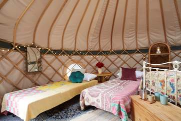 Fairy lights illuminate the space with a warm glow.