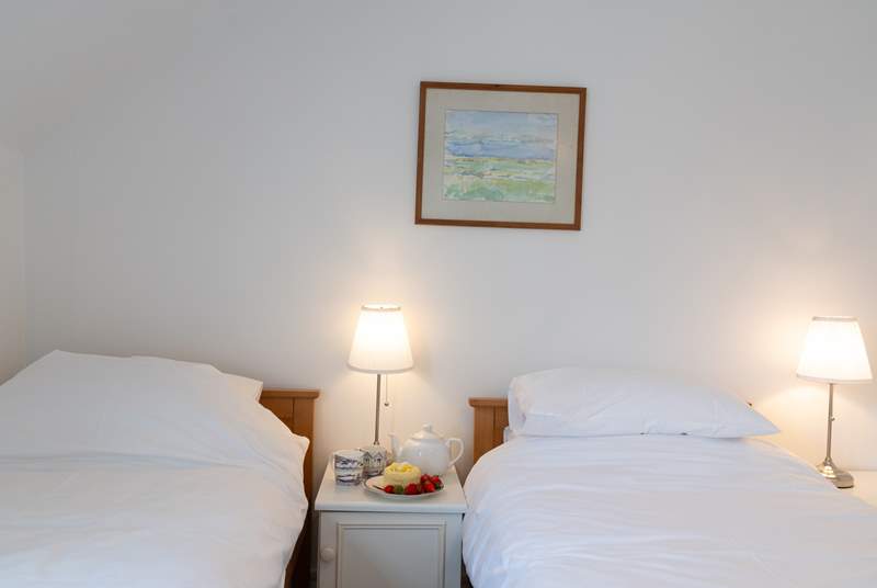 Sweet twin room, bedroom 2, with sea glimpses. This room may also be made up as a super-king. Please request when booking. 
