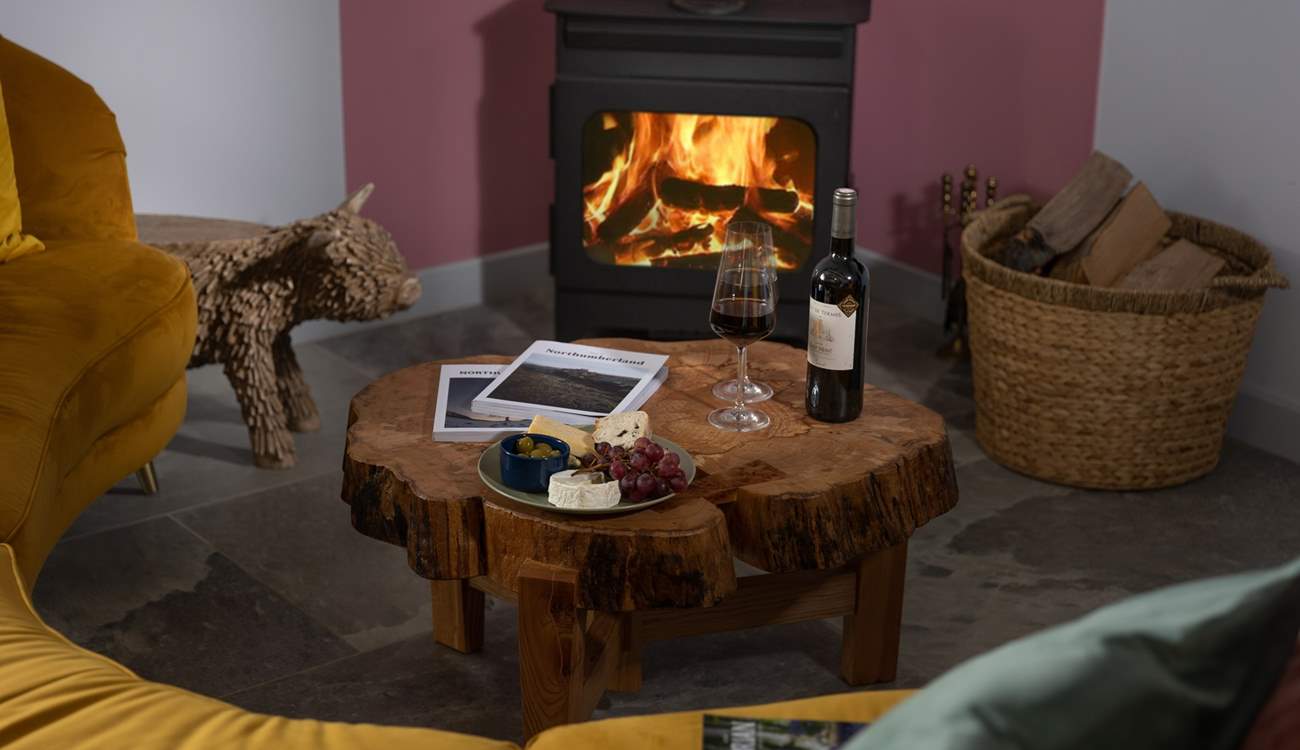 Stoke up the fire, pour a glass of wine and pull up the cute 'cow' side table.