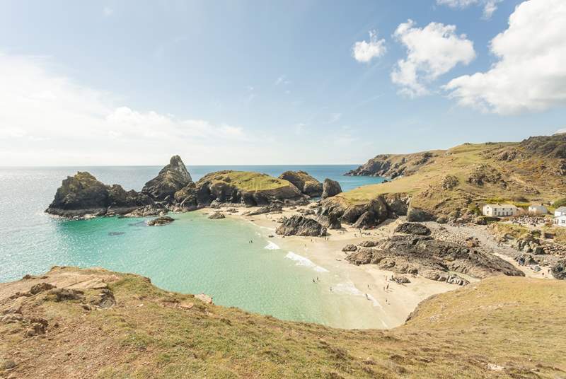 In one direction of the coastal path, discover one of the most photographed beaches in the UK, Kynance Cove.