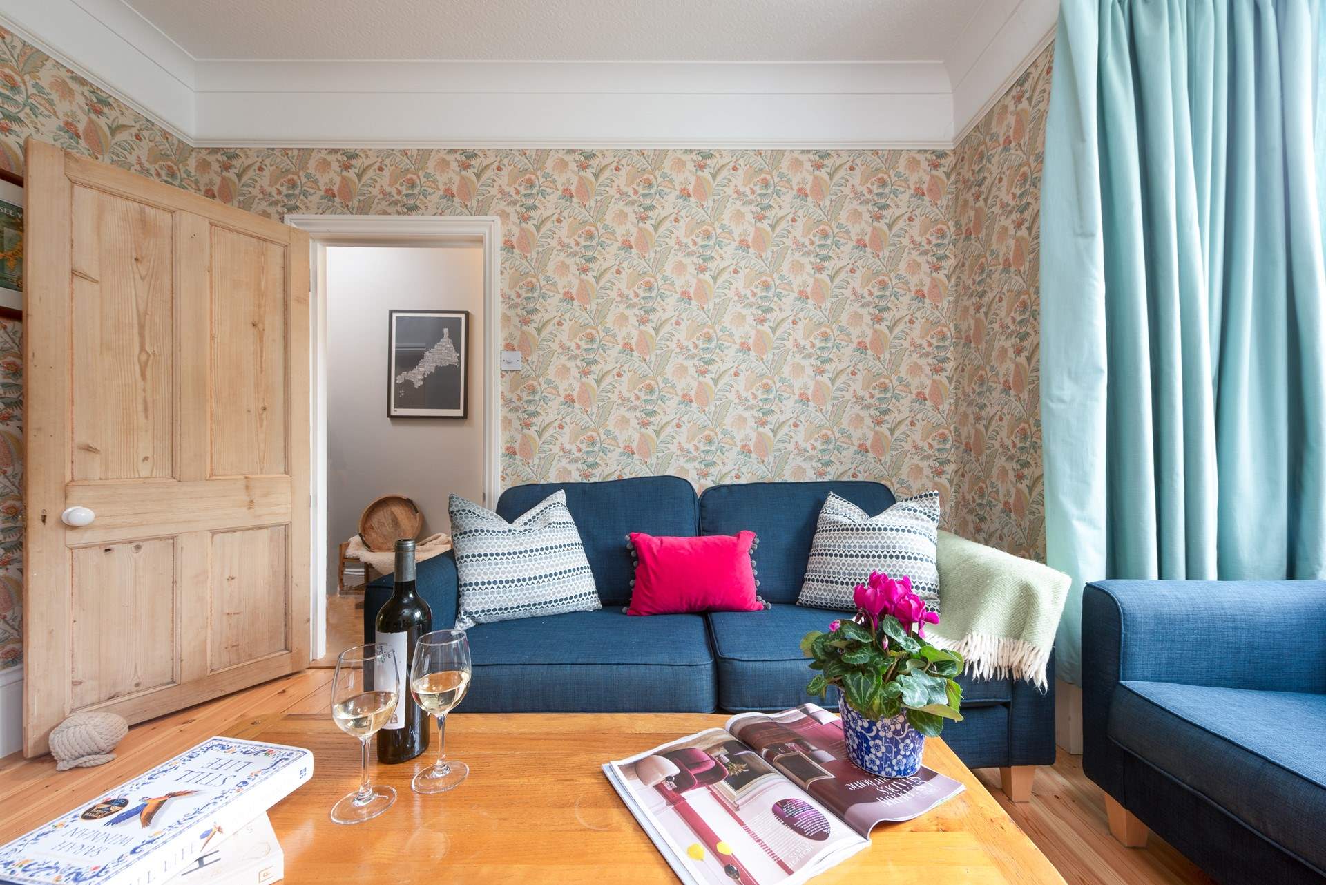 Exposed pine floors and comfy sofas invite you to relax and unwind and in cooler months the wood-burner will keep you warm and toasty. 