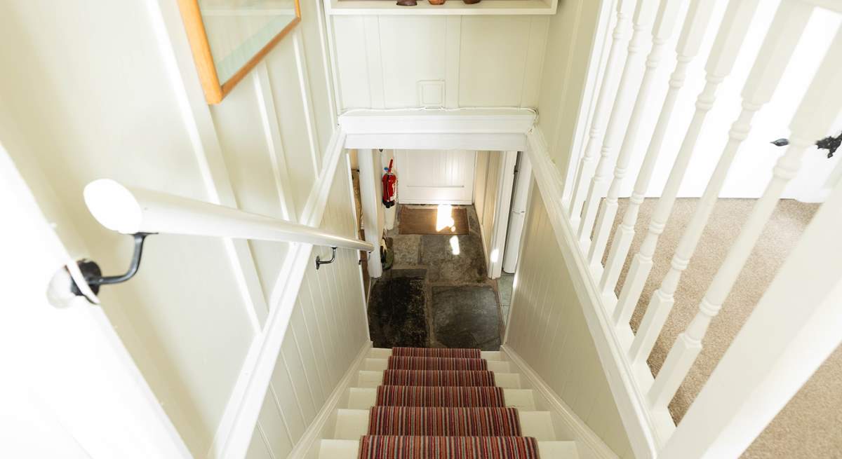 Be sure to hold the handrail down the cottage stairs. 