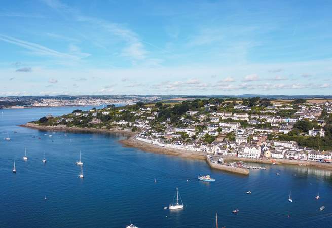 A bird's eye view of St Mawes with Falmouth in the distance.