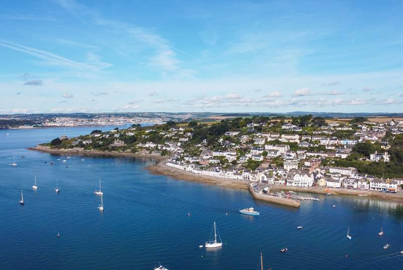 A bird's eye view of St Mawes with Falmouth in the distance.