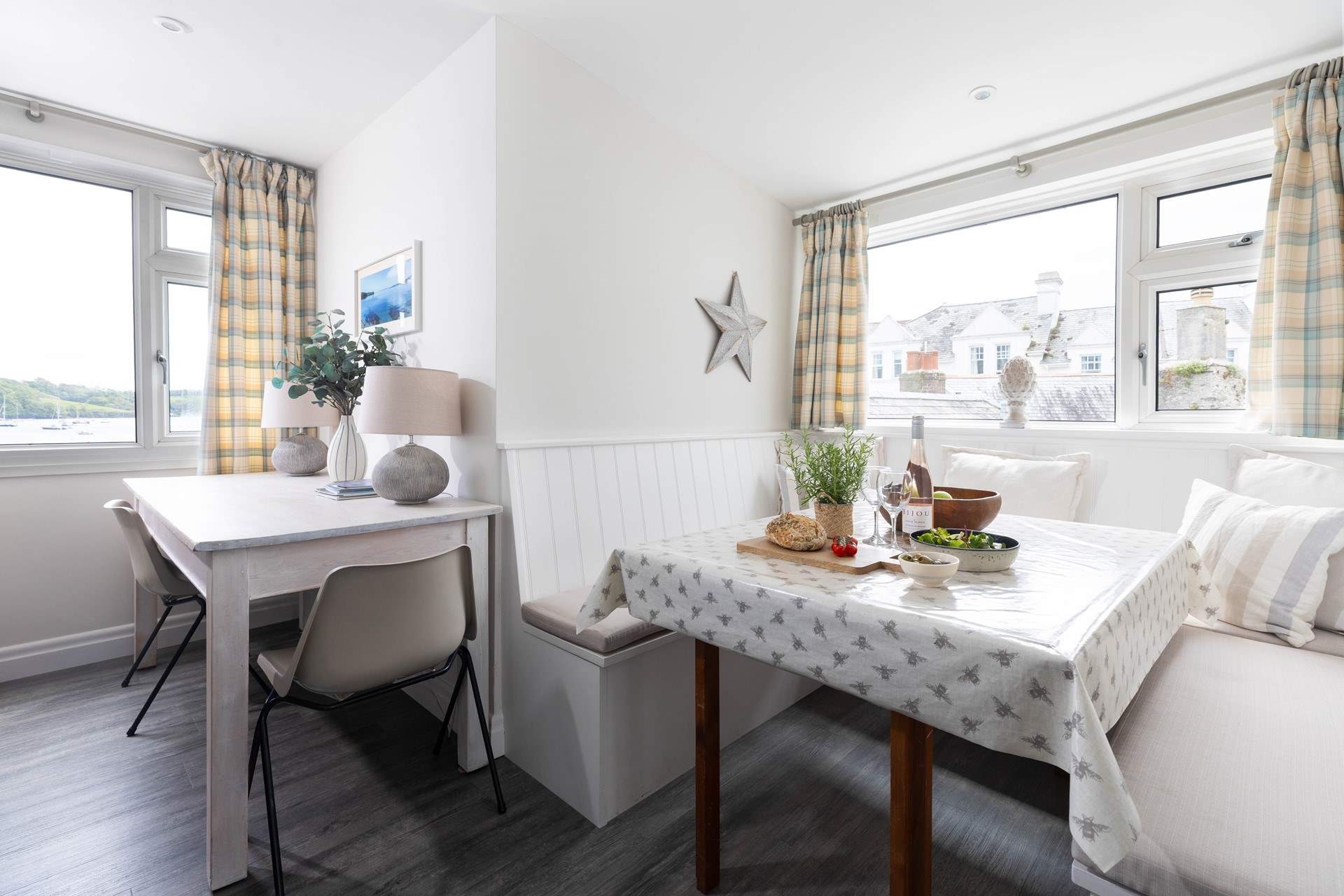 An extra table allows for additional dining space. 