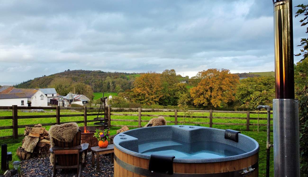 The hot tub boasts views of rolling countryside and out to the Irish sea. 