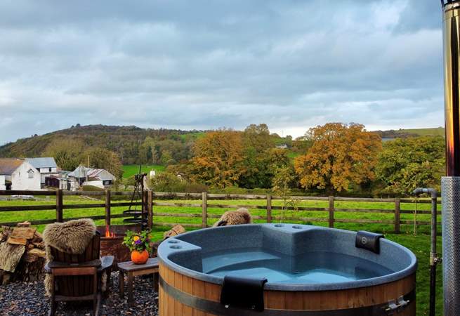 The hot tub boasts views of rolling countryside and out to the Irish sea. 