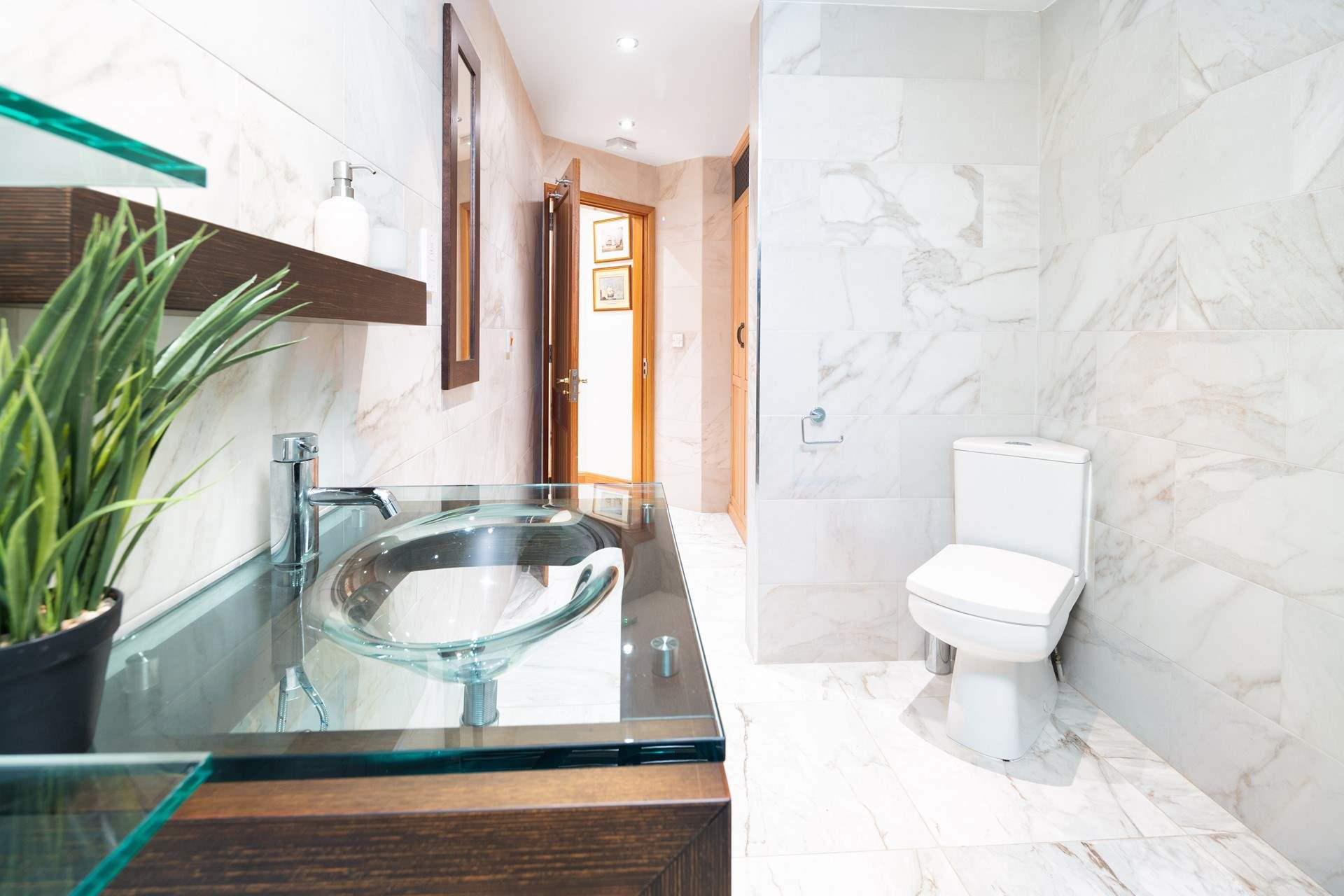 Sleek shower-room with designer wash-basin and hydro-massage steam shower.