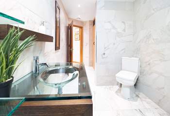 Sleek shower-room with designer wash-basin and hydro-massage steam shower.