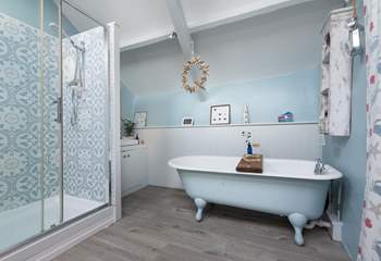 The family bathroom is on the first floor. Here you will find a rather fabulous roll-top bath and large shower. 