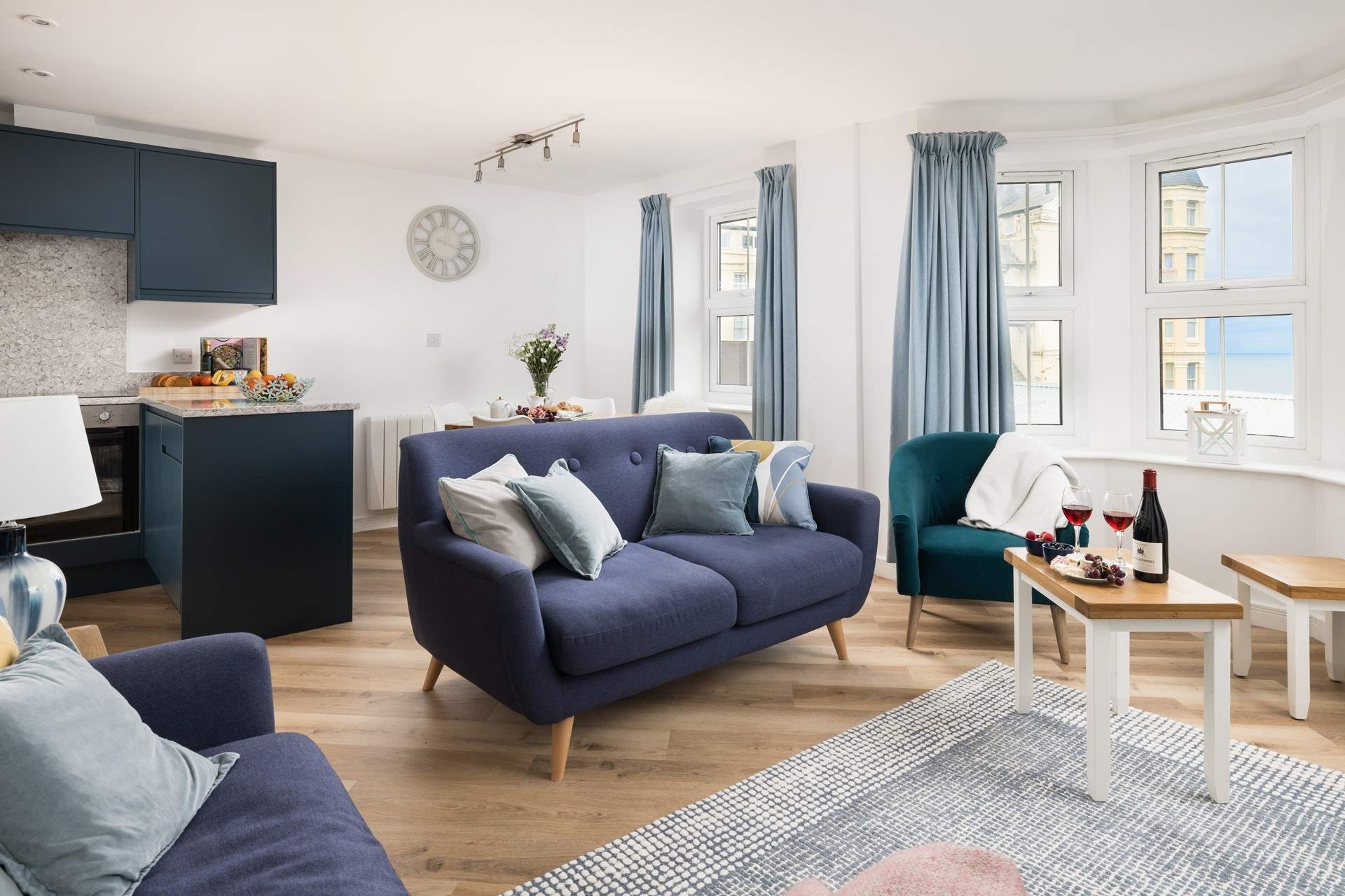 The comfortable living area, with views through every window is perfect for your seaside holiday.