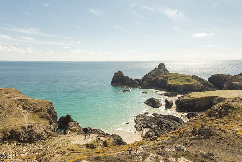 Beautiful Kynance Cove, the most photographed beach in the United Kingdom, about 5 miles south.