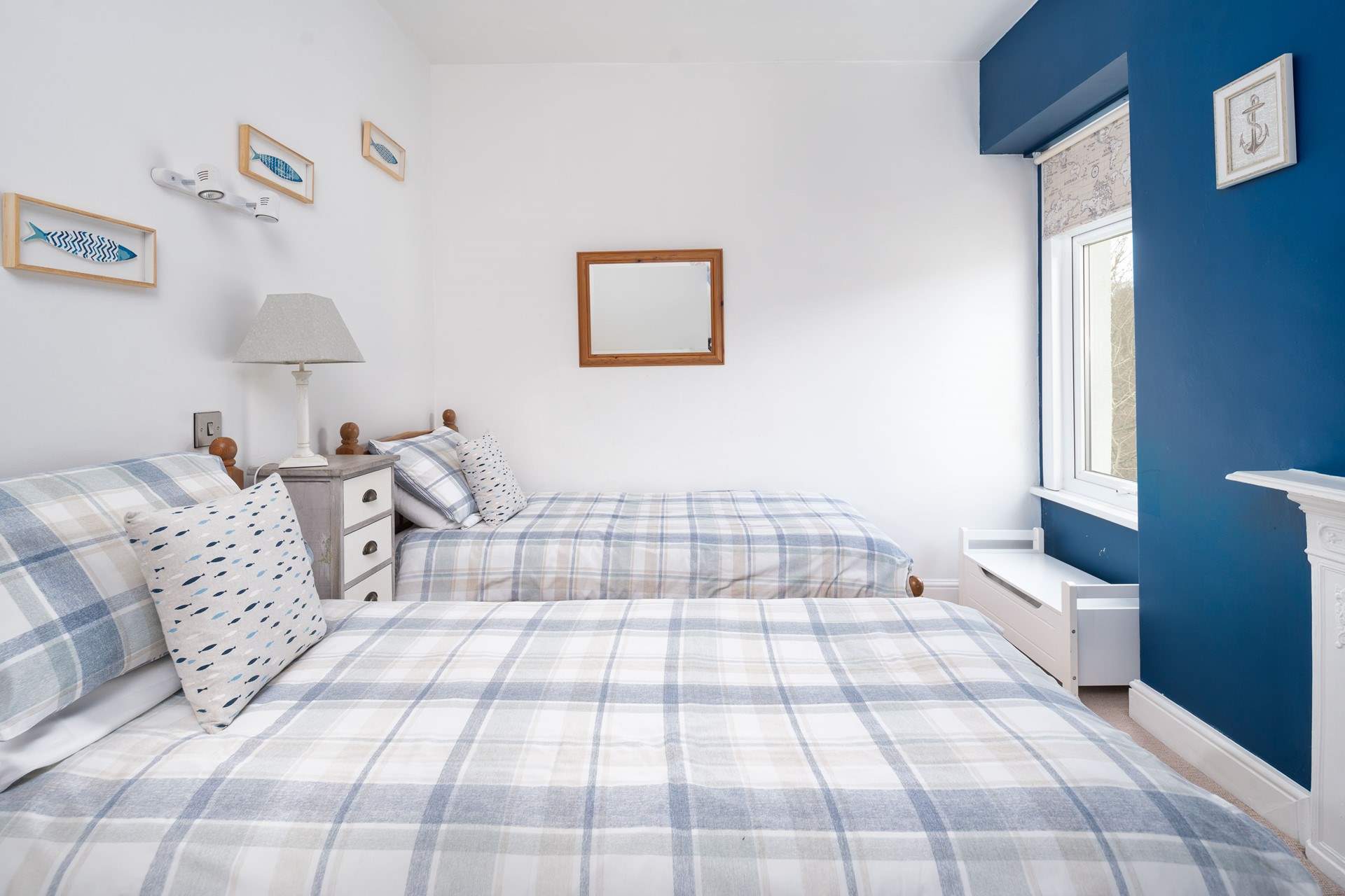 Calming blue hues in the twin room. 