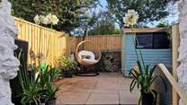 The cutest courtyard garden is the perfect backdrop. 