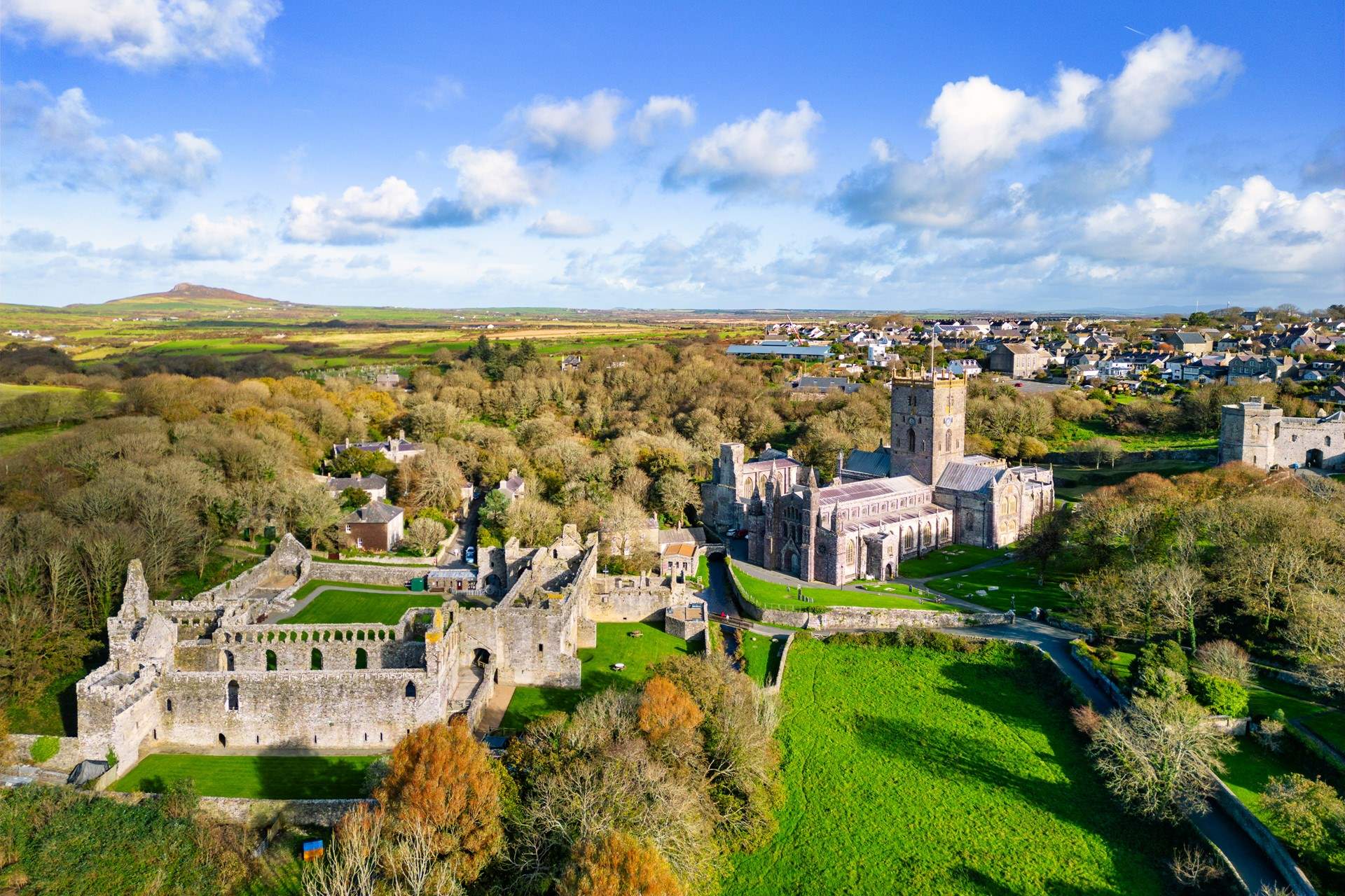 Magnificent St Davids Cathedral, the Bishops Palace and the coastline beyond. 