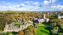 Magnificent St Davids Cathedral, the Bishops Palace and the coastline beyond. 