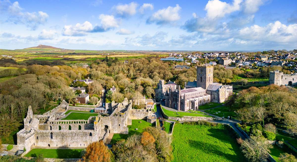 Magnificent St Davids Cathedral, the Bishops Palace and the coastline beyond. 