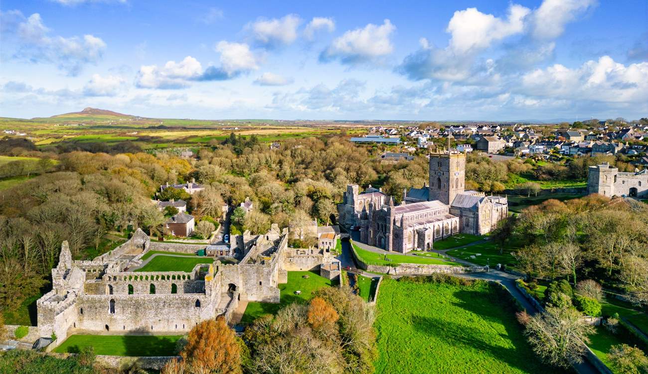 Magnificent St Davids Cathedral, the Bishops Palace and the coastline beyond. 