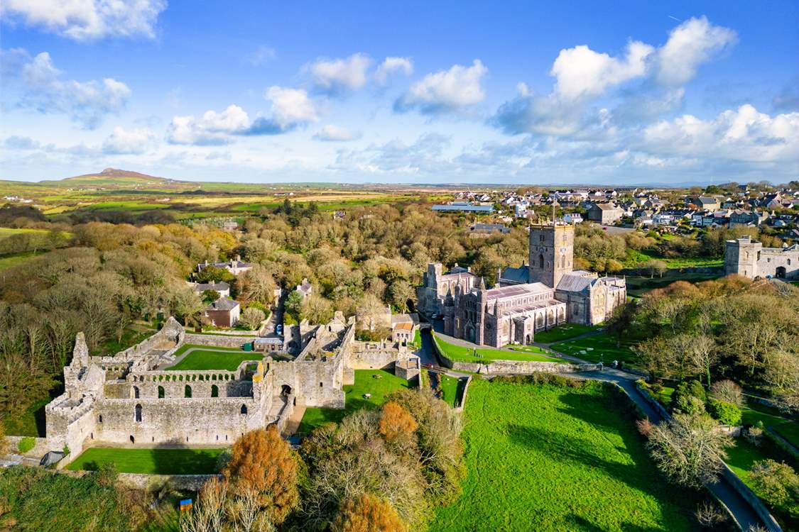 Magnificent St Davids Cathedral, the Bishops Palace and the coastline beyond.