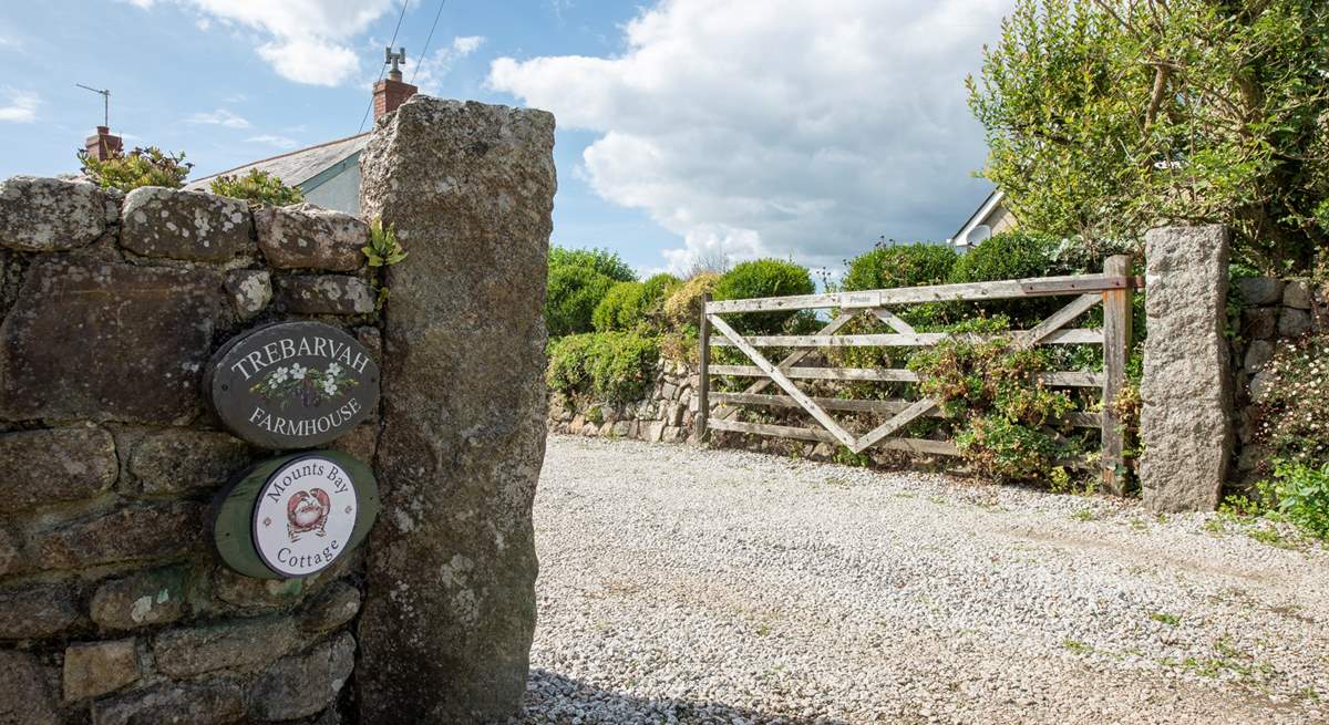 The gated entrance welcoming you to Trebarvah Farmhouse (and Mounts Bay Cottage).