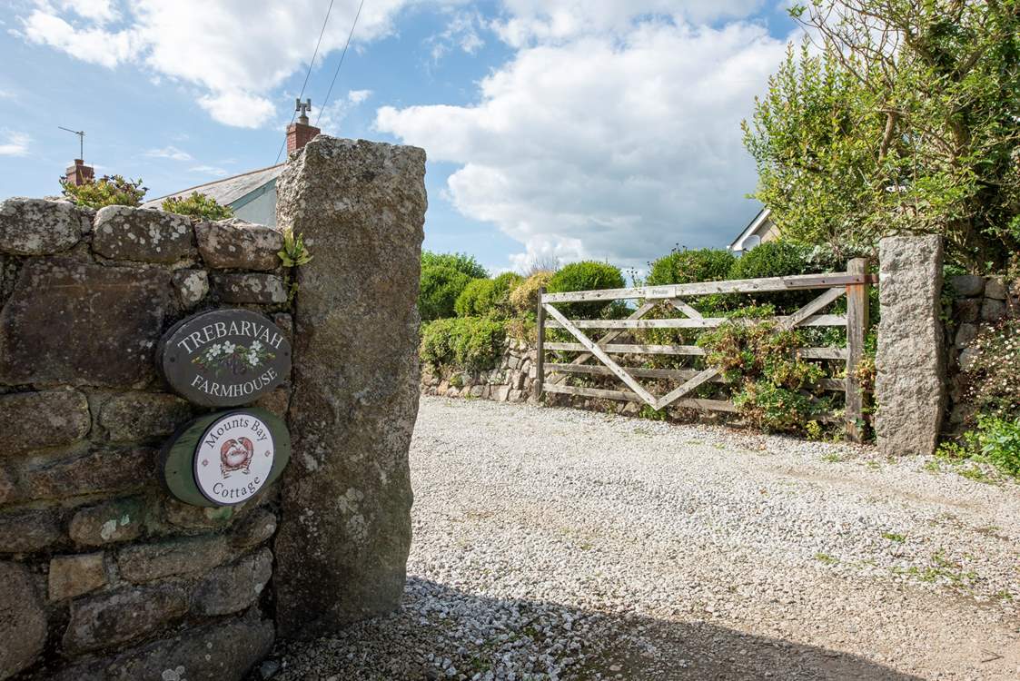 The gated entrance welcoming you to Trebarvah Farmhouse (and Mounts Bay Cottage).
