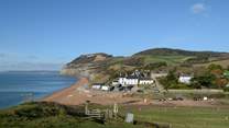 The beach at Seatown, with the award-winning Anchor Inn.